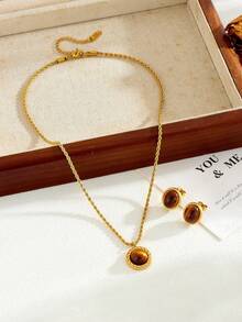 1pc 18K Gold-Plated Stainless Steel Twisted Oval Faux Cat's Eye Pendant Necklace/Earrings, Unique Luxury Design, Suitable For Women's Daily, Party, And Gift Giving - Brown - View 4