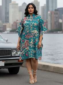 Gypsie Blu Cotton Women Plus Size Fall Short Kaftan Floral Loungewear Batwing Sleeves Dress - 青色 -1 - 查看 1
