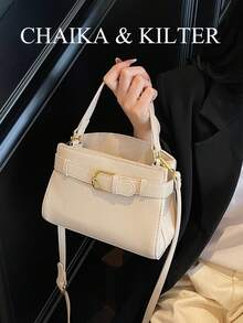 Túi xách nữ thời trang họa tiết vải thiều mùa hè mới, túi đeo vai có thể điều chỉnh, túi công sở kiểu dáng tối giản màu trơn cao cấp với phụ kiện kim loại. - trắng - Xem 5