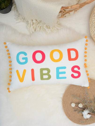 1pc Colorful Letter "GOOD VBES" Embroidered Throw Pillow Cover, Suitable For Indoor Decor, All Season Pillow Sham, Pillow Insert Not Included