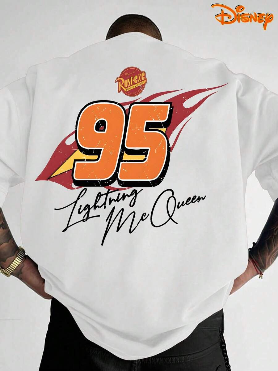 Disney Men's Casual T-Shirt, Lightning McQueen Flame 95 & Signature Print, Bold Racing Design, Comfortable Fit, Perfect For Daily Wear & Fan Gatherings - 白色 - 查看 1