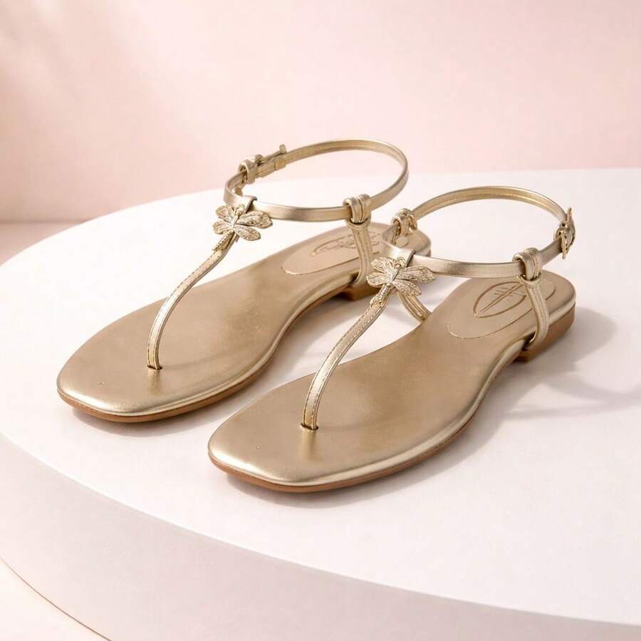 Women's Flat Sandal/Flip-Flop With Gold Appliqué/Flat Sandal With Buckle Strap - 金色 - 查看 1
