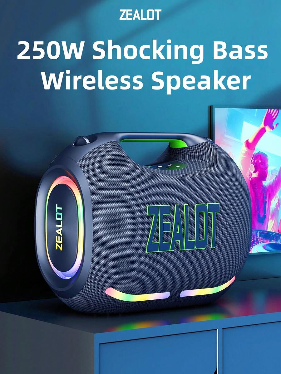ZEALOT ZE21 250W Wireless Speaker, Outdoor Portable, Bluetooth Speaker, 48000mAh Long Battery, With RGB Color Lights, Up To 8 Hours Of Playback Time, Supports Mobile Phones/Tablets/TVs. Compatible With SD Card/USB/AUX, Serial Pairing Function, Suitable For/Car/Outdoor/Camping/Beach/Party