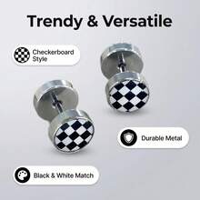 1 Pair Men's Stainless Steel Black & White Checkered Screw Earrings - Multicolor - View 8