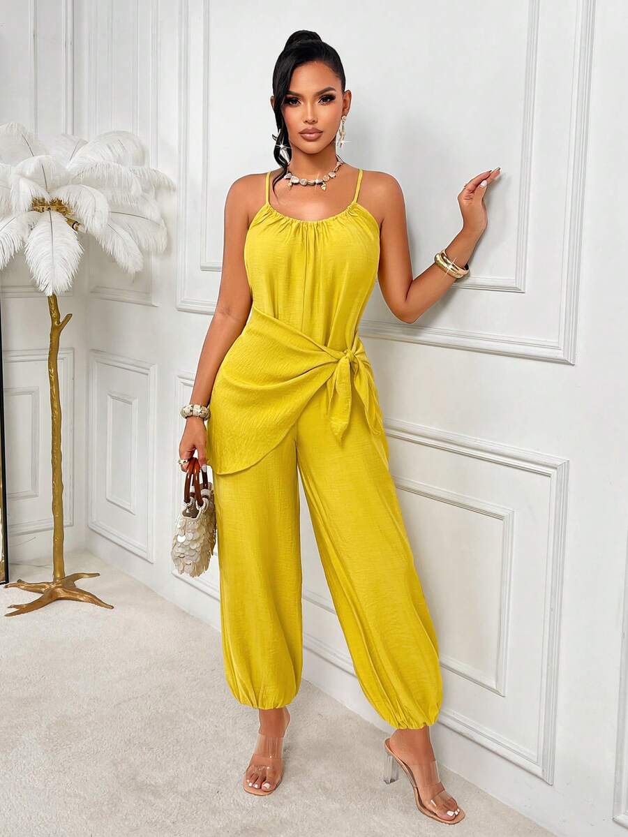 AIJ Amarillo Yellow Sexy Spaghetti Strap Loose Waist Design Casual Jumpsuit, Outerwear Jumpsuit, Holiday Beach Outfit, Music Festival Outfit, Spring/Summer New Women's Fashion - Mustard Yellow - View 1