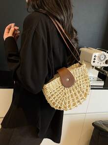 时尚半圆形镂空单肩包，个性化斜挎包，春季新款通勤包，礼品，女士沙滩包 - 彩色 - 查看 8