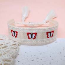 1pc Embroidered Butterfly Handmade Braided Bohemian Style Bracelet, Suitable For Party, Travel, Concert, Wedding, Friendship Gift - Beige - View 2