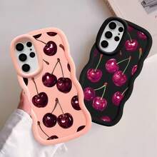 1pc Camera Hole Full Protection; Wavy Texture Comfortable Grip; Matte Anti-Slip Anti-Dirt; Cherry Pattern Cute Design; Soft Case Easy Install Compatible With Samsung A14/A15/A16/A17/A04/A05/A06/A07/A54/A55/A56/A34/A35A/36/S25/S25Plus/S25Ultra, A54, Moto G13/14/15 Soft Full Cover Phone Case - Wave Pink - View 5