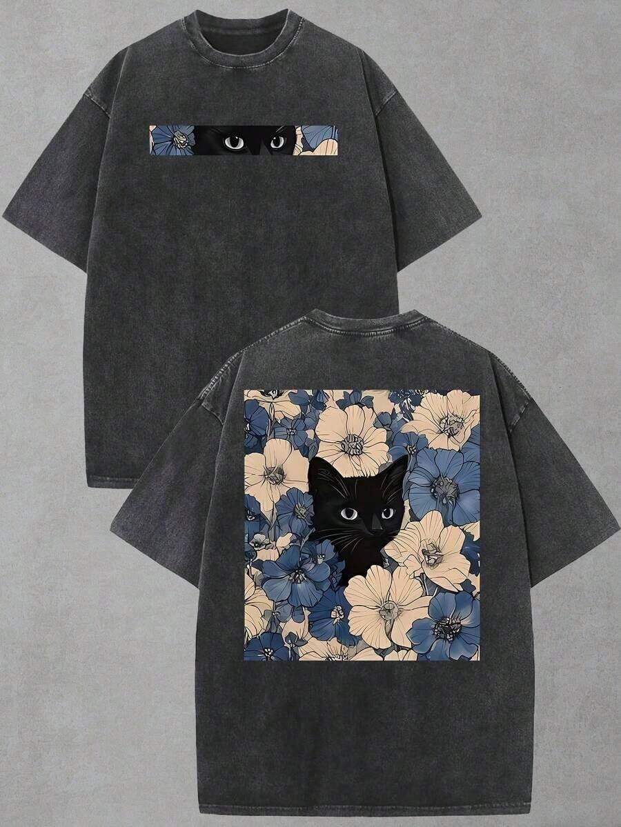 2026 Summer Clothes(230g T-Shirt) Oversized Washed Cotton "Faith Over Fear" Floral Graphic Christian T-Shirt, Casual Soft Short Sleeve, Breathable Ret - 黑色2 - 查看 1