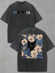 2026 Summer Clothes(230g T-Shirt) Oversized Washed Cotton "Faith Over Fear" Floral Graphic Christian T-Shirt, Casual Soft Short Sleeve, Breathable Ret - 黑色2 - 查看 9