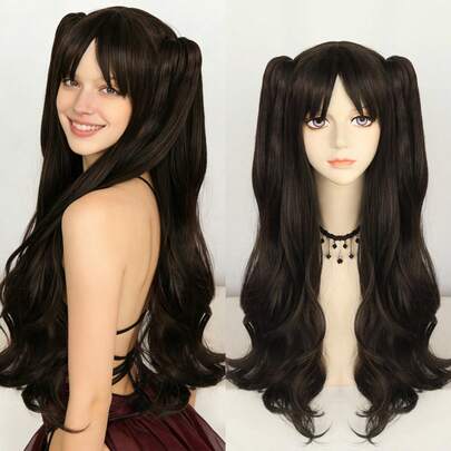 Premium Black-Brown Long Wavy Twin Tail Cosplay Wig With Bangs - Heat Resistant Synthetic Hair - Natural Fluffy Loose Curls - Perfect For Party, Anime Cosplay, Comic Con, Holiday, Gothic Lolita Fashion And Daily Wear - Adjustable Breathable Cap For All Head Sizes - Soft Touch, Easy To Style & Reusable - Great Gift For Cosplayers & Fashion Enthusiasts