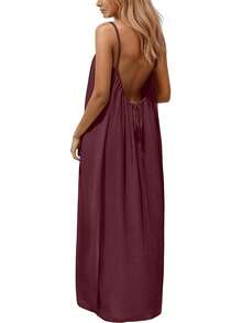 Womens Summer Casual Sleeveless Backless Cami Sundress 2026 Vacation House Dress - Màu Đỏ Sâu - Xem 2
