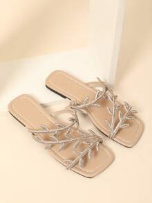2025 Bling-Bling Glitter Cute H-Style Open Toe Breathable Shoes, Hollow-Out Full Of Double-Color Rhinestone Inlaid Starry Sky Versatile Elegant Luxury Wedding Party Event High-End Fashion Sexy Minimalist Style Suitable For Home Casual Slippers, Outdoor Walking Beach Vacation Romantic Date Women Flat Sandals,Summer Outfits - Apricot - View 5