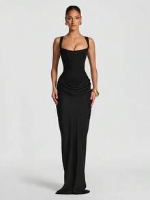 Women's Fall Winter Solid Color Elegant Square Neck Sleeveless Slim Maxi Dress - 黑色 - 查看 2