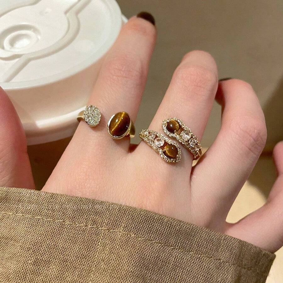 Women's Alloy Tiger Eye & CZ Stackable Ring Set Gold Plated Vintage Statement Jewelry Romantic Holiday Gift For Valentine's Day - Ring - View 1