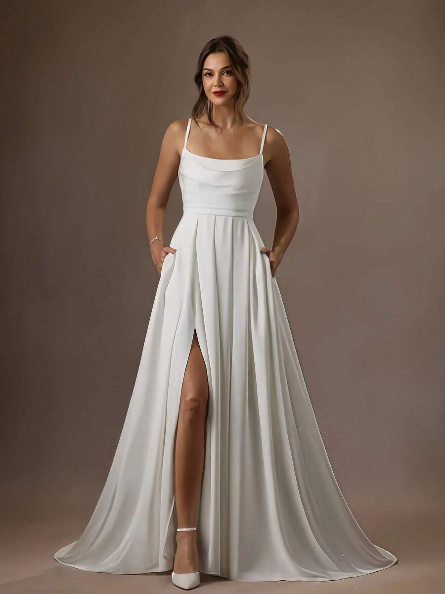 White Satin A-Line Wedding Dress With Deep V-Back Spaghetti Straps And Sweep Train - Elegant Modern Bridal Gown With Button Detailing - 白色 - 查看 1