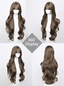 32 Inch Long Cool Brown Wavy Wig For Women - Bangs, Heat-Resistant Synthetic, Adjustable Fit - Brown - View 6