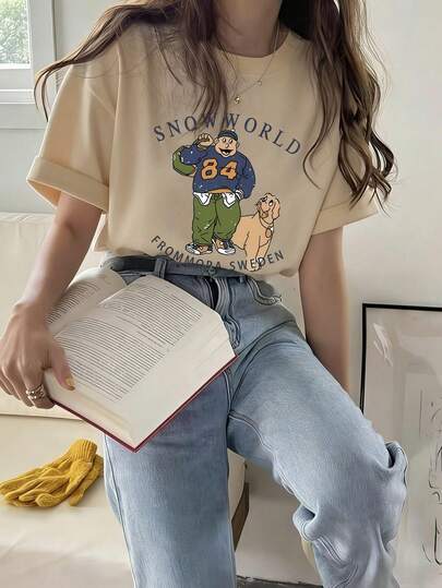 Y2K印花圆领短袖T恤，宽松休闲百搭修身夏季女式上衣