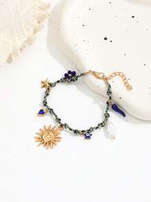 1 chiếc vòng tay bện nhiều màu sắc theo phong cách Bohemian với mặt dây chuyền hình ngọc trai giả, trái tim, sao biển, mặt trời, ớt, dành cho nữ. - Vàng - Xem 2
