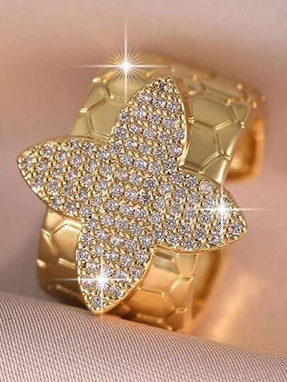 jealous young 1pc Luxury Four Leaf Clover Cubic Zirconia Women Rings,Fashion Unique Wide Copper Ring,Suitable Daily Wear,Engagement/Wedding Banquets