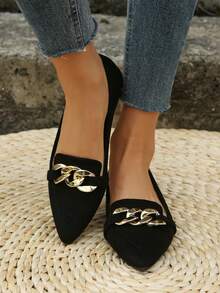 Breezelady Women's Casual Office Black Suede Flat Loafers, Gold Chain Decor Pointed Toe Slip On Daily All-Match Dress Shoes - 黑色 - 查看 5
