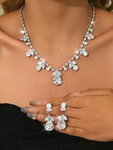 3pcs Zirconia Luxury Necklace, Earrings & Pink Tulip Jewelry Set, Fashionable Blooming Outfit Accessory - Multicolor - View 18