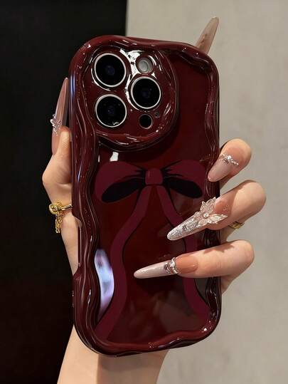 Bowknot Painted New Flat Printed Cream Texture Burgundy Soft Case Compatible With IP17/IP17PROMAX/Iphone16//Iphone16pro/Iphone16promax/Iphone15/ XR /7p8p/P12promax/P13promax/P14PROMAX /P13/P14/P11/P12/P14 Cute Fashion Thick Protective Phone Case For XS/S/XSMAX/78GES2