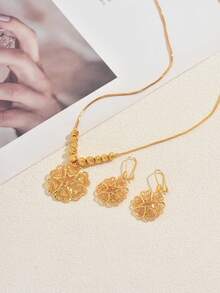3件套优雅简约镂空花朵项链耳环套装，适合女士参加派对、宴会、约会等场合佩戴。 - 金色 - 查看 4