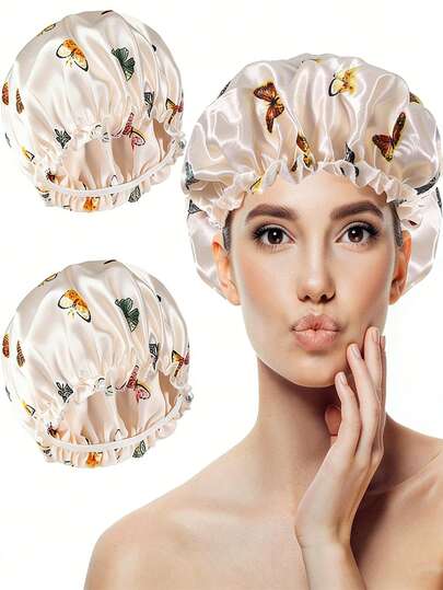 2pcs New Women'S Wide-Brimmed Elastic Butterfly Print Bonnets For Sleeping, Suitable For Both Curly And Straight Hair