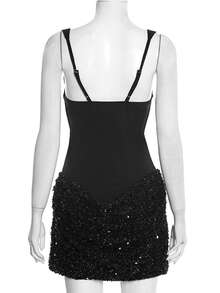 Elegante vestido negro mini con tirantes finos, diseño sin espalda para mujer, tela de punto con lentejuelas en contraste, vestido de fiesta, ligero para primavera y verano, Día de San Valentín, cumpleaños - Negro - Ver 11
