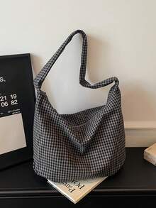 Fashionable Plaid Shoulder Bag, Large Capacity Campus Style Crossbody Bag, Student Cloth Bag, Pastoral Chic - Grey - View 6