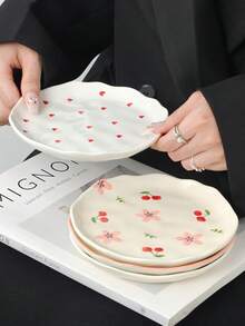 Juego de 4 platos de postre cerámicos asimétricos pintados a mano, exquisitos platos para aperitivos, adecuados para bistec, postre, té de la tarde, bodas, fiestas, regalos festivos - Multicolor - Ver 4