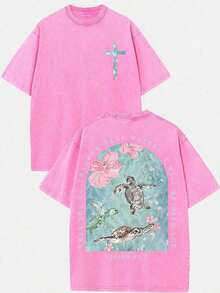 2026 Summer Clothes(230g T-Shirt) Loose Washed Cotton "When You Go Through Deep Waters" Turtle Graphic T-Shirt, Comfortable Christian Faith Tee With - 粉色 - 查看 1