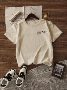 Whysmera SHEIN X Harry Potter 女士时尚休闲短袖T恤，可爱卡通人物和鹰头马身有翼兽印花，透气舒适，复古漫画风格，适合日常穿着、上学、电影之夜、夏季郊游和魔法世界主题派对。 - 杏色 - 查看 2