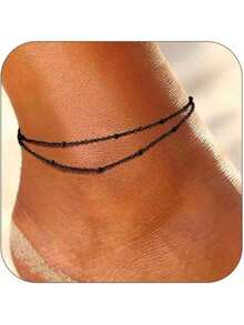 Women's Gold/Silver Anklet Bracelet Set, 18K Gold Plated Cuban Link Chain, Heart Beaded Herringbone Anklet, Waterproof Multilayer Foot Chain Jewelry Gift - Multicolor - View 11