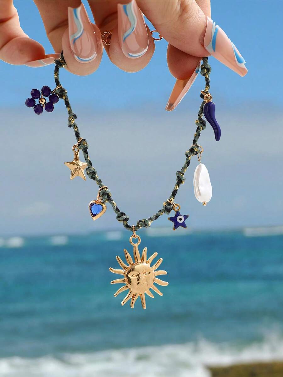 1 chiếc vòng tay bện nhiều màu sắc theo phong cách Bohemian với mặt dây chuyền hình ngọc trai giả, trái tim, sao biển, mặt trời, ớt, dành cho nữ. - Vàng - Xem 1
