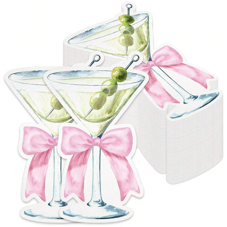 20/40/60pcs Martini Glass Shaped Pink Bow Paper Napkins, Suitable For Wedding, Party, Birthday Decoration, Drink Napkins For Wedding, Party, Bachelor Party And Other Events