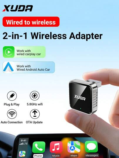 XUDA新款迷你CarPlay AI盒子，无线CarPlay和安卓二合一车载音响，有线转无线功能，支持2.4-5.0GHz WiFi 5，时尚便携的车载CarPlay接收器。适用于市面上99%配备有线CarPlay和安卓功能的车型。