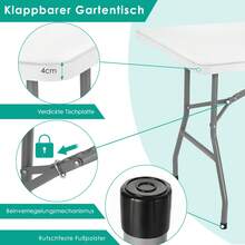 Folding Garden Table 180x75cm, Buffet Table, Camping Table With Carrying Handle, Folding Table For 10 People, Weatherproof Party Table For Garden, Patio, Balcony, BBQ, Up To 150kg - 白色的 - 查看 3