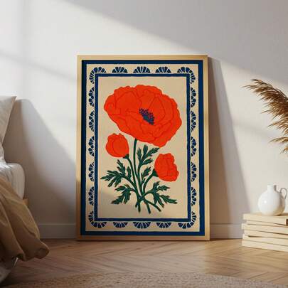 1 pièce Tableau mural d'art populaire avec coquelicot orange. Impression botanique scandinave vintage sur canevas. Affiche de fleur bohème pour décoration moderne de milieu de siècle dans le salon, la chambre à coucher ou la salle de bain. Cadeau pour les amateurs de plantes. Sans cadre ou avec cadre