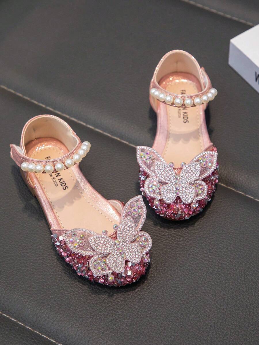 1 Pair Baby Flat Shoes, Girls Princess Shoes With Rhinestones, Spring/Autumn Toddler Shoes - Pink - View 1