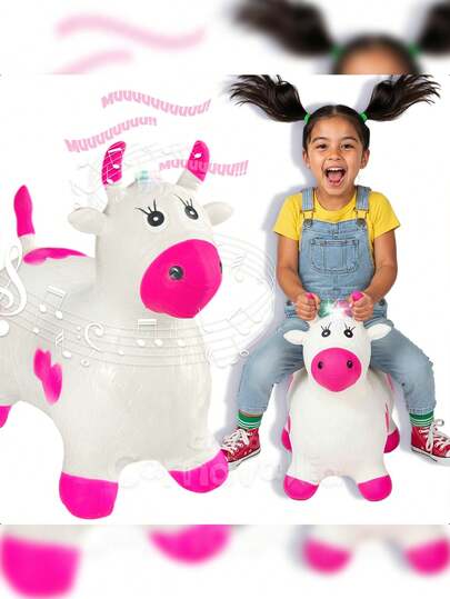Montable Saltarín Vaquita Inflable con Luz y Sonido para Niños de 1 a 3 Años, Juguete Saltarín para Estimulación Temprana y Coordinación, Incluye Pilas, Blanco con Rosa - GRUPO CARNAVALLIA