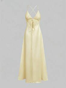 QUNGIGU 女士缎面吊带连衣裙，V领露背系带设计，长款正式晚礼服，适合婚礼宾客、盛大晚宴、新娘送礼会等场合，简约优雅 - 淡黃色 - 查看 6