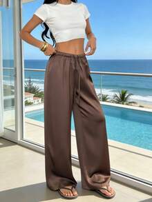 Damen einfarbige Hose mit Tunnelzug in der Taille und geradem Bein ohne Taschen, leichte Lässig-Hose, geeignet für Sommeroutfits im Frühling - Schokoladenbraun - Übersicht 4