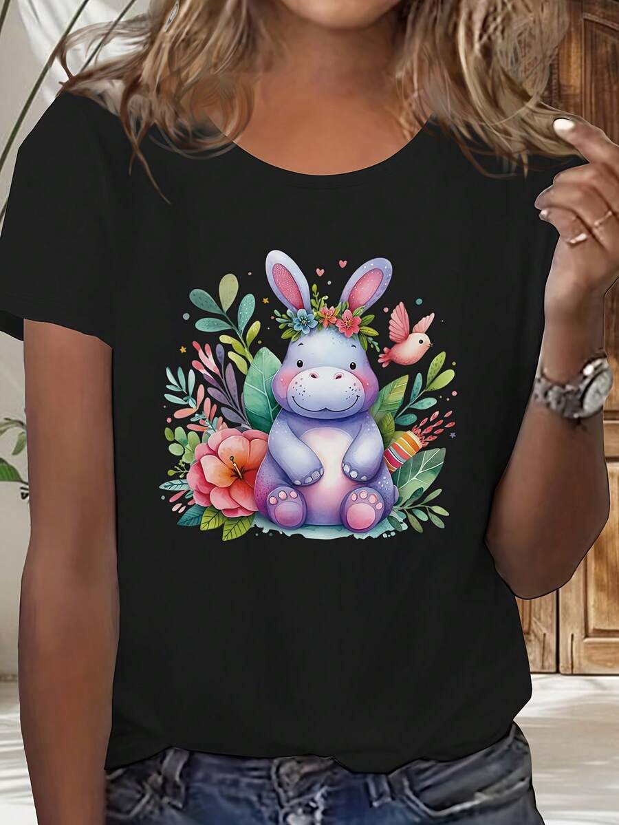 Camiseta De Manga Corta Para Mujer Con Estampado De Huevos De Pascua Y Pollitos - Blusa Casual De Cuello Redondo Para Primavera Verano Para Atuendo Casual, Top De Manga Corta Lavable A Máquina - En Stock - [Negro] - Ver 1