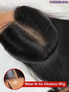 即戴即用，无需胶水，真人发混纺假发，5x5预剪高清蕾丝前假发和13*4蕾丝前假发，200%密度黑色长直发假发 - 预漂白发结，自然发际线 - 无需胶水，即刻佩戴 - 自然色&黑色系 - 查看 2