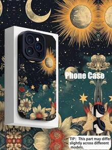 1个复古黑色夜空太阳星星月亮图案竖款仿皮纹理防摔防指纹防震手机壳 - 彩色 - 查看 1