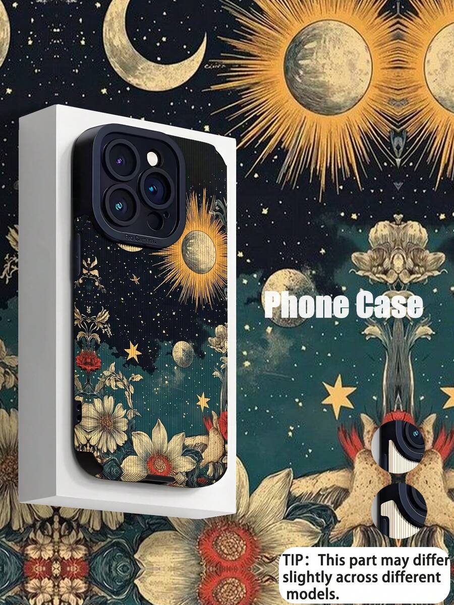 1个复古黑色夜空太阳星星月亮图案竖款仿皮纹理防摔防指纹防震手机壳 - 彩色 - 查看 1