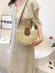 时尚半圆形镂空单肩包，个性化斜挎包，春季新款通勤包，礼品，女士沙滩包 - 彩色 - 查看 9