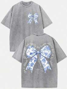 2026 Summer Clothes(230g T-Shirt) Oversized Washed Cotton "Faith Over Fear" Floral Graphic Christian T-Shirt, Casual Soft Short Sleeve, Breathable Ret - 灰色 - 查看 9